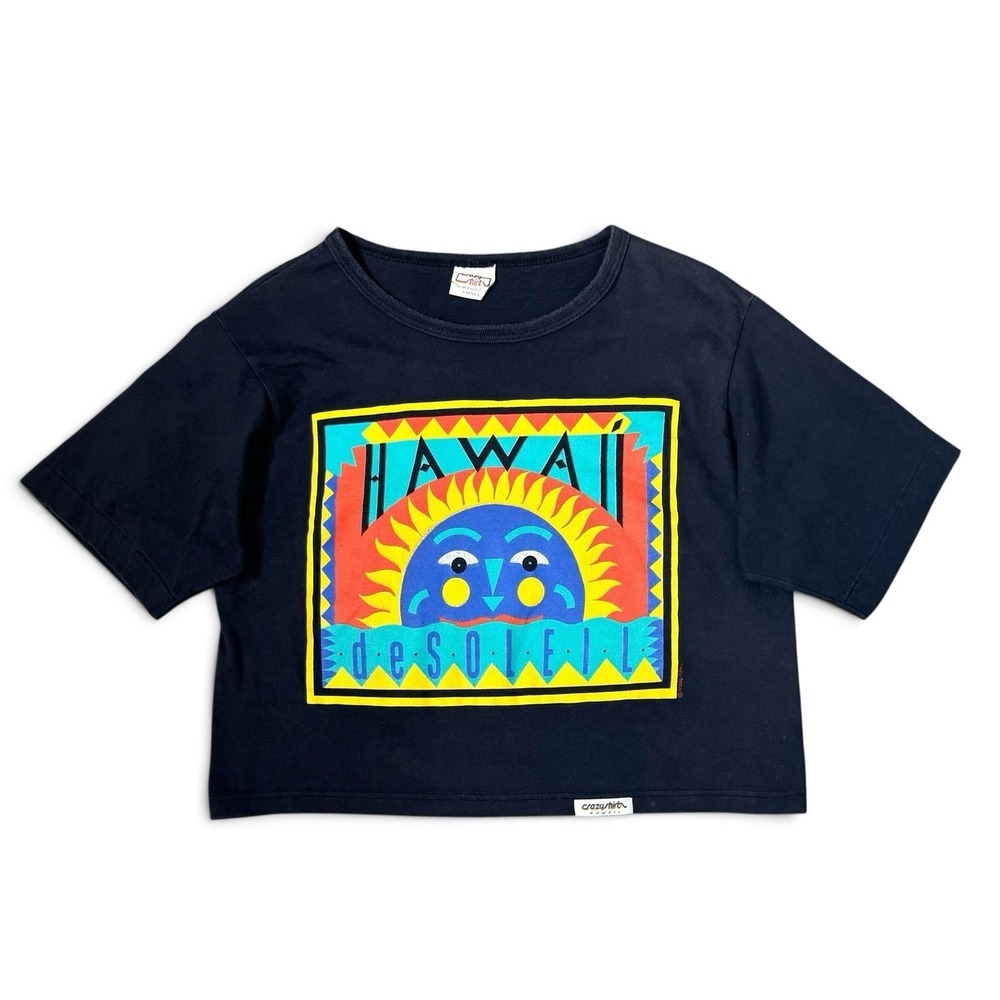 Vintage Crazy Shirt Hawaii De Soleil Crop Top Womens L Black Sun Single Stitch